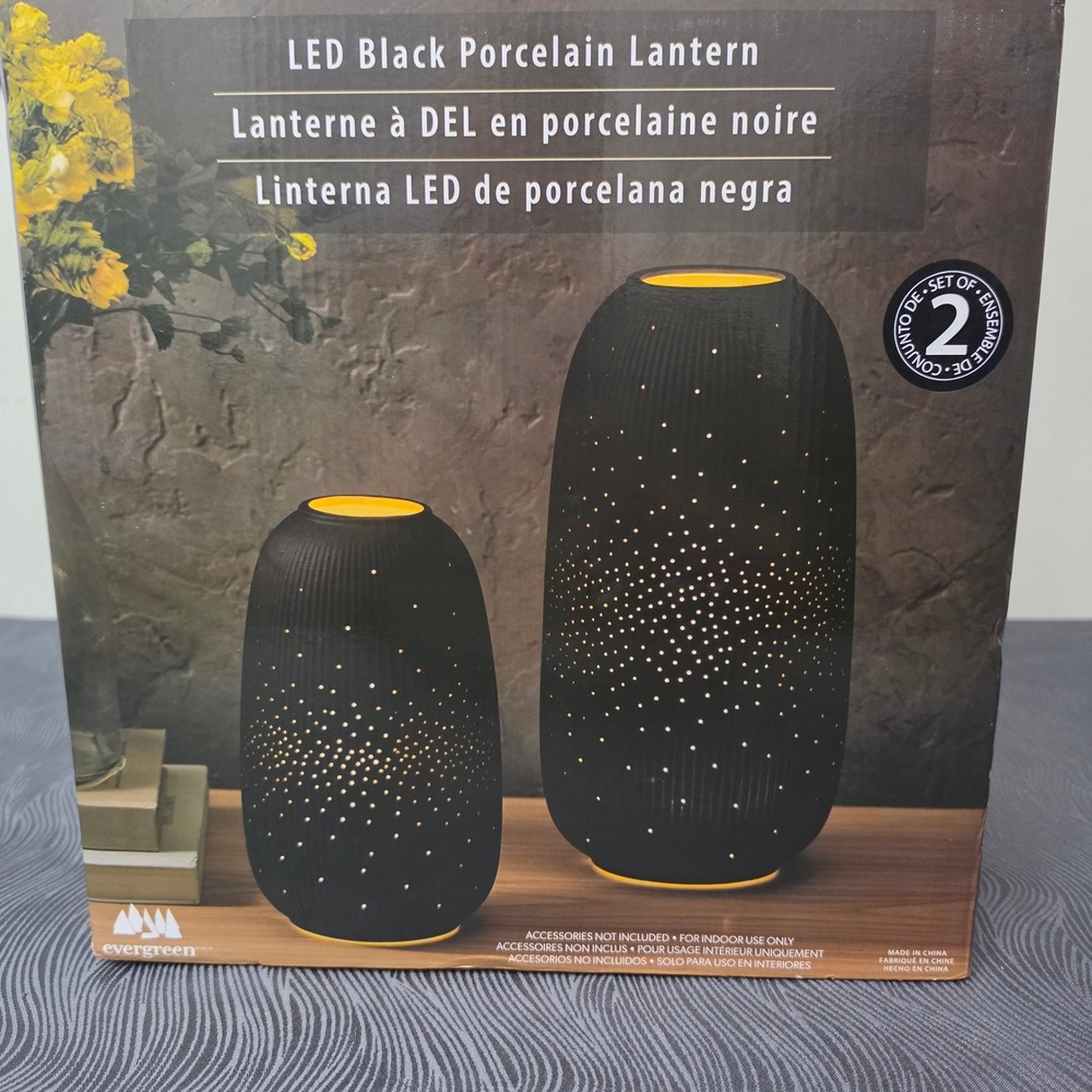 Evergreen LED Porcelain Lanterns Set Of 2 Black Rechargeable 1901811
